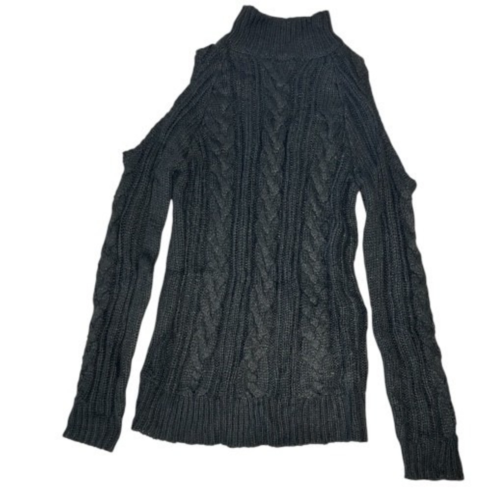 Solemio Cable Knit Sweater Dress Small Cold Shoulder Mock Neck Black